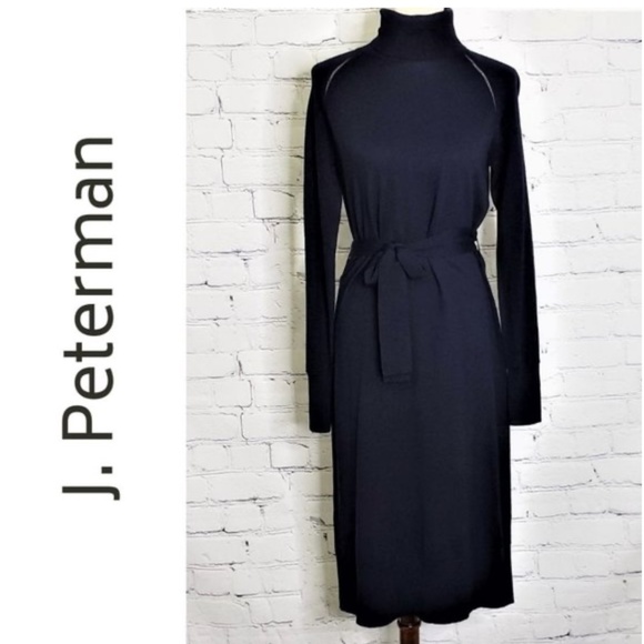 New navy J Peterman merino wool turtleneck knit sweater dress midi